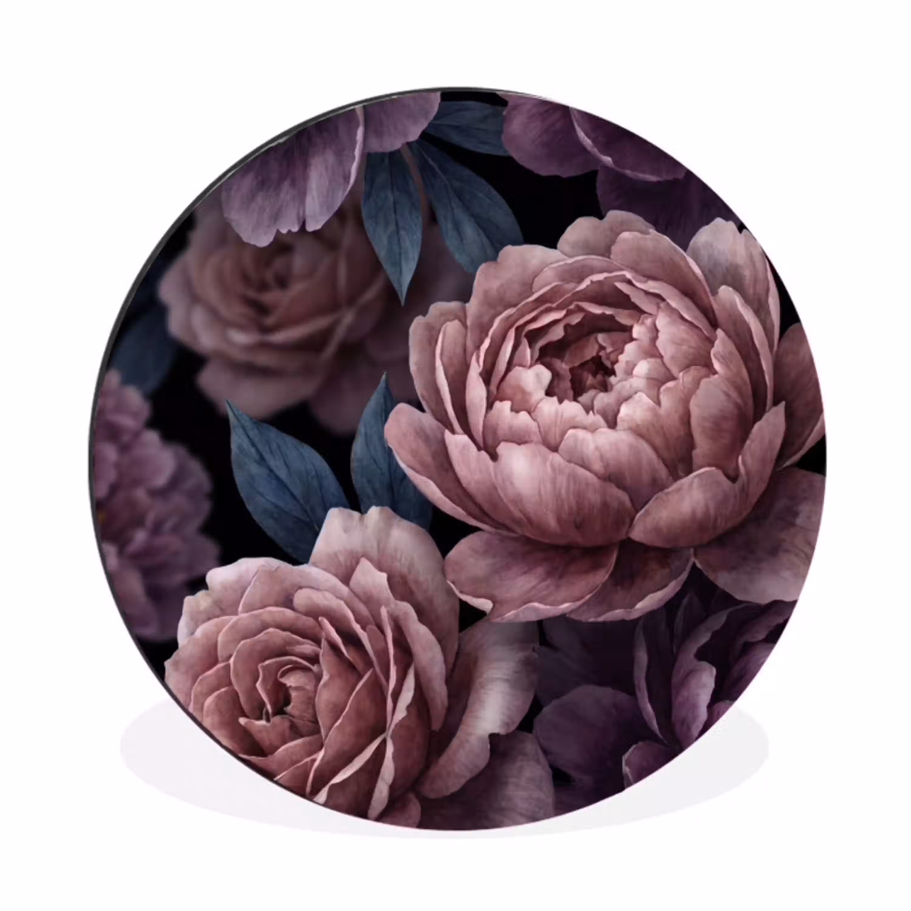 Bloemen - Patroon - Donker - Botanisch - Paars Wandcirkel aluminium klein -3d
