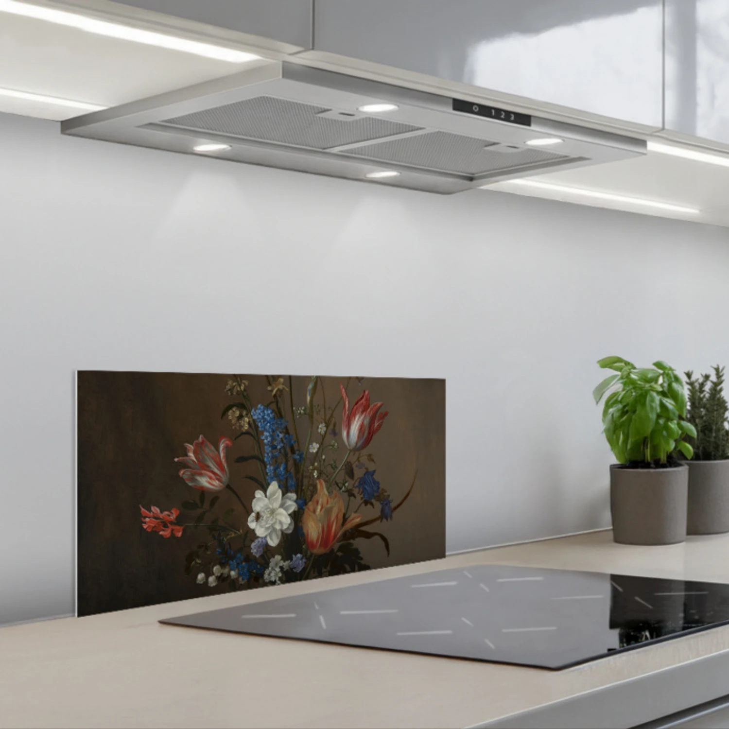 Bloemen in een Wan-Li vaas en schelpen - Schilderij van Balthasar van der Ast keuken achterwand spatscherm klein -3d_schuin