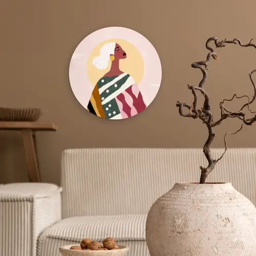Vrouw - Zon - Kleurrijk Wandcirkel kunststof plaat 5mm dik klein -sfeer1