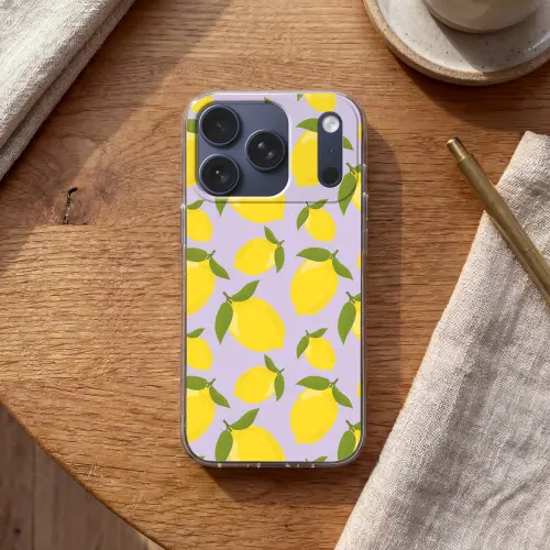 Citroenen patroon - Geel - Paars - Patroon - Vruchten Telefoonhoesje iPhone 17 Pro klein -sfeer1