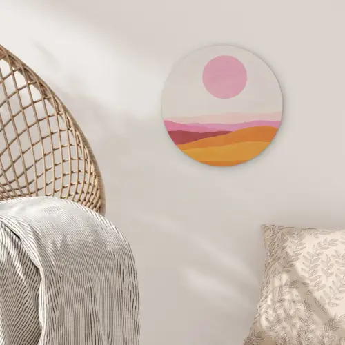 Heuvels - Oranje - Zon - Abstract Akoestische PET Vilt - Rond klein -sfeer4