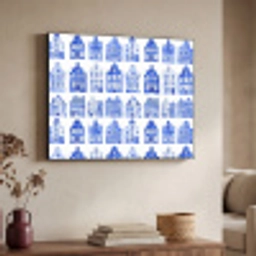 Patroon - Huizen - Blauw Textielframe zwart klein 947 -sfeer3