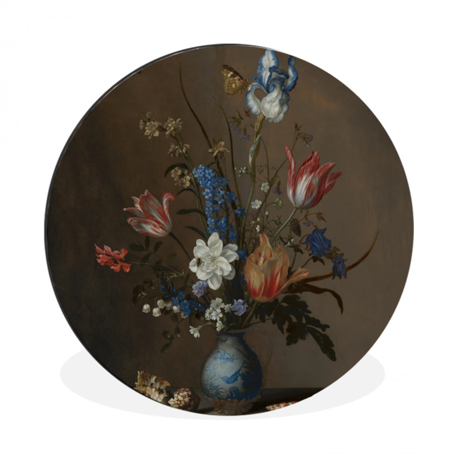 Bloemen in een Wan-Li vaas en schelpen - Schilderij van Balthasar van der Ast Wandcirkel aluminium klein -3d