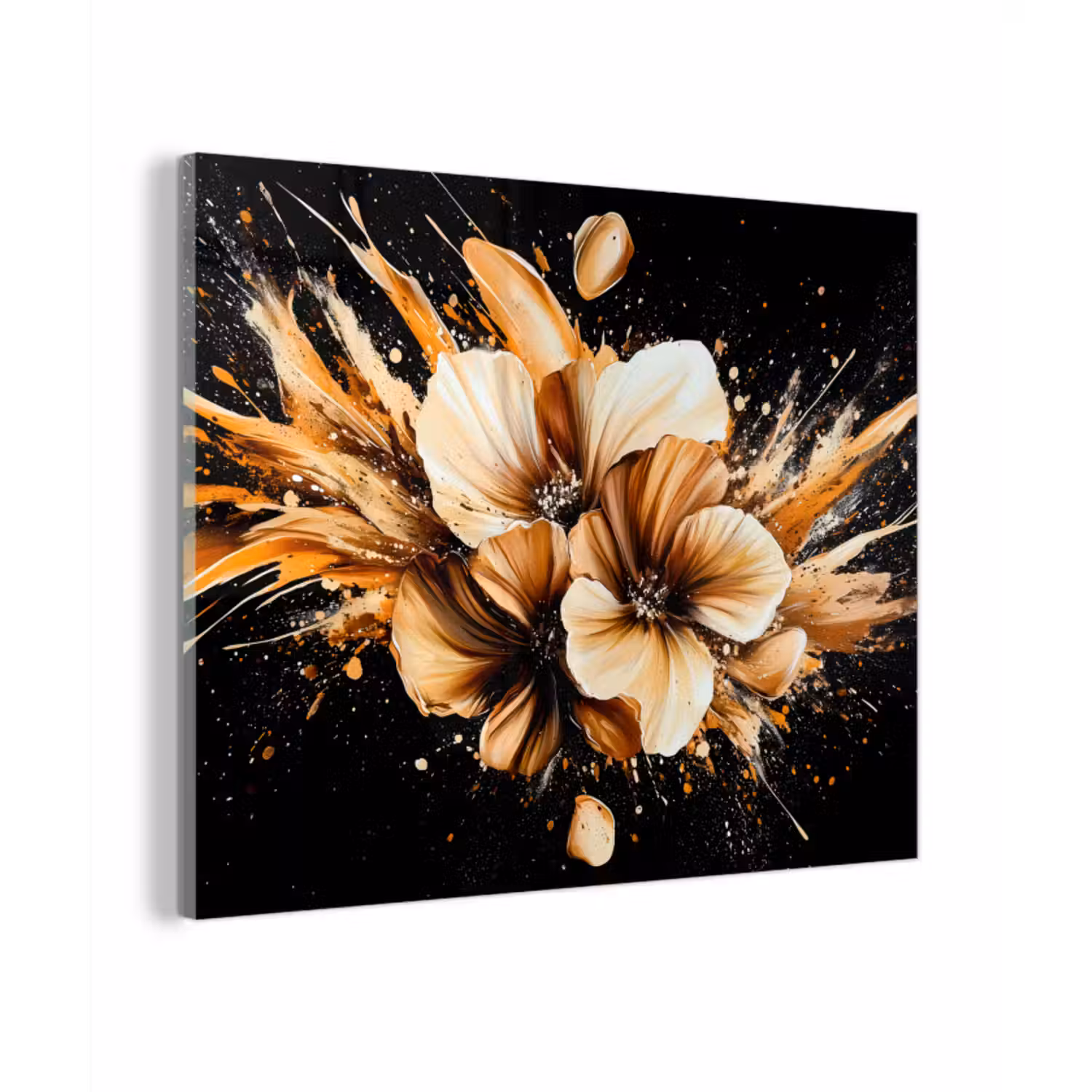 Glas schilderij - Bloemen - Goud - Graffiti - Zwart - Abstract