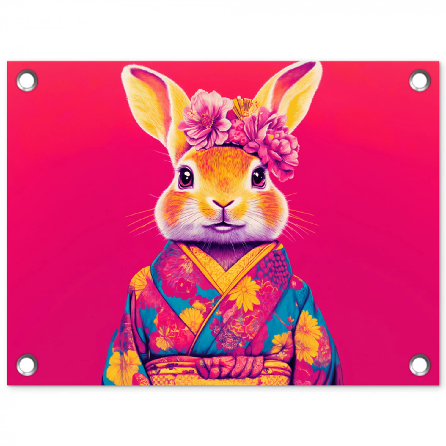 Konijn - Bloemen - Kleurrijk - Kimono tuinposter los doek klein -3d