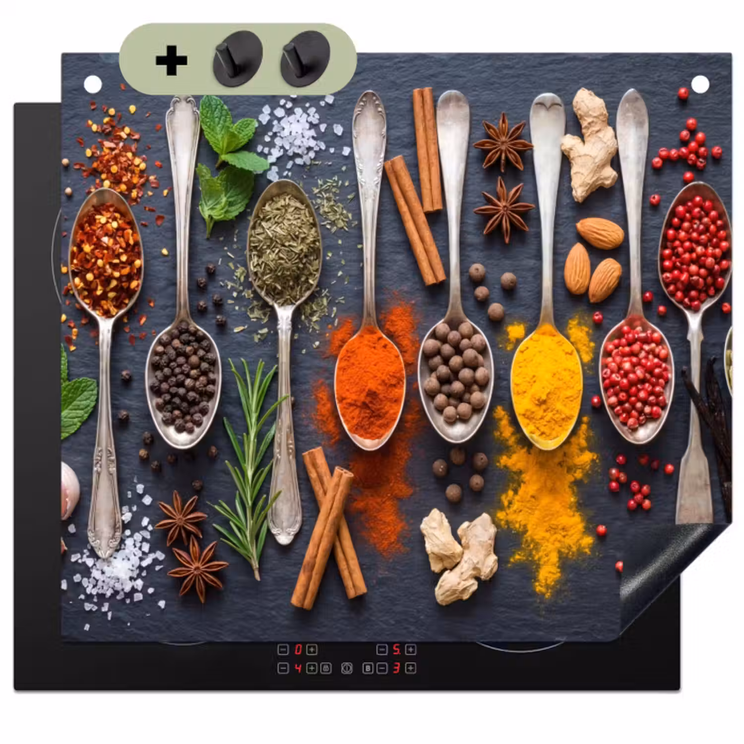 Inductie beschermer en spatscherm (2in1) - Kruiden - Lepels - Culinair - Kleurrijk - Sfeervol