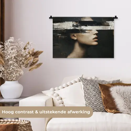 Gezicht - Vrouw - Zwart - Abstract Wandkleed katoen klein -sfeer1