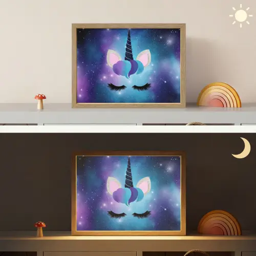 Eenhoorn - Sterren - Blauw Light Box met batterij (Wandlamp kind) middel -sfeer3_kind