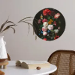 Stilleven met bloemen in een glazen vaas - Schilderij van Jan Davidsz. de Heem Wandcirkel behangsticker klein -sfeer3