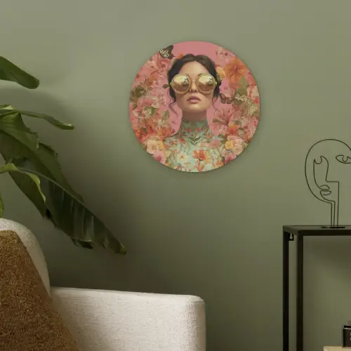 Vrouw - Bril - Roze - Bloemen Akoestische PET Vilt - Rond klein -sfeer2