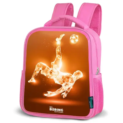 Oranje lichtvoetballer in zweefmoment Kinderrugzak - Roze middel -schuin