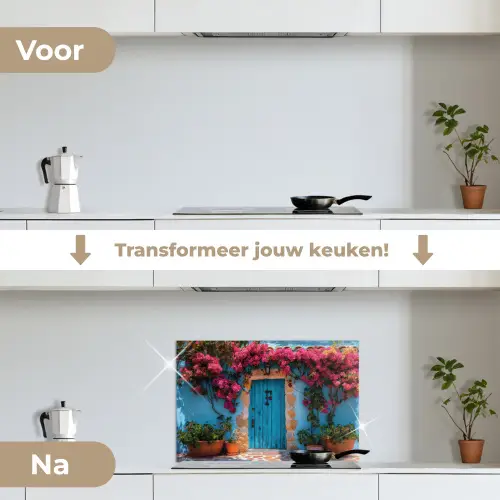 Deur - Hout - Bloemen - Blauw keuken achterwand spatscherm klein -voor_na_NL