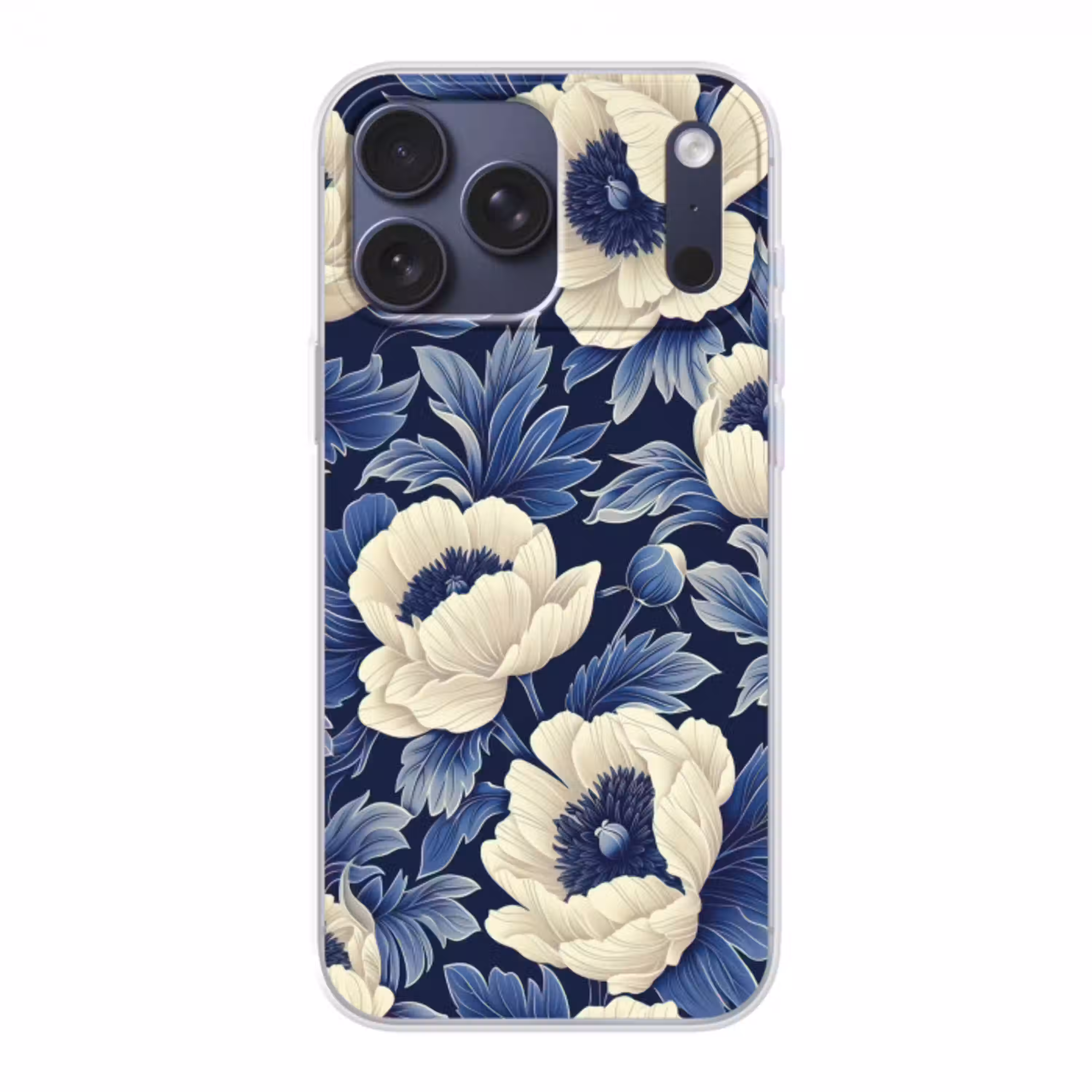 Bloemen - Patroon - Blauw - Wit Telefoonhoesje iPhone 17 Pro Max klein -3d