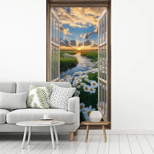 Doorkijk - Landschap - Raam - Water - Zonsondergang fotobehang vinyl groot -woonkamer