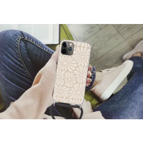 Bloemen - Print - Beige - Bruin - Minimalistisch Hoesje iPhone 12 Pro met koord klein -hand