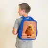 Oranje Pluizig Monster met Hoorns Kinderrugzak - Blauw middel -sfeer2