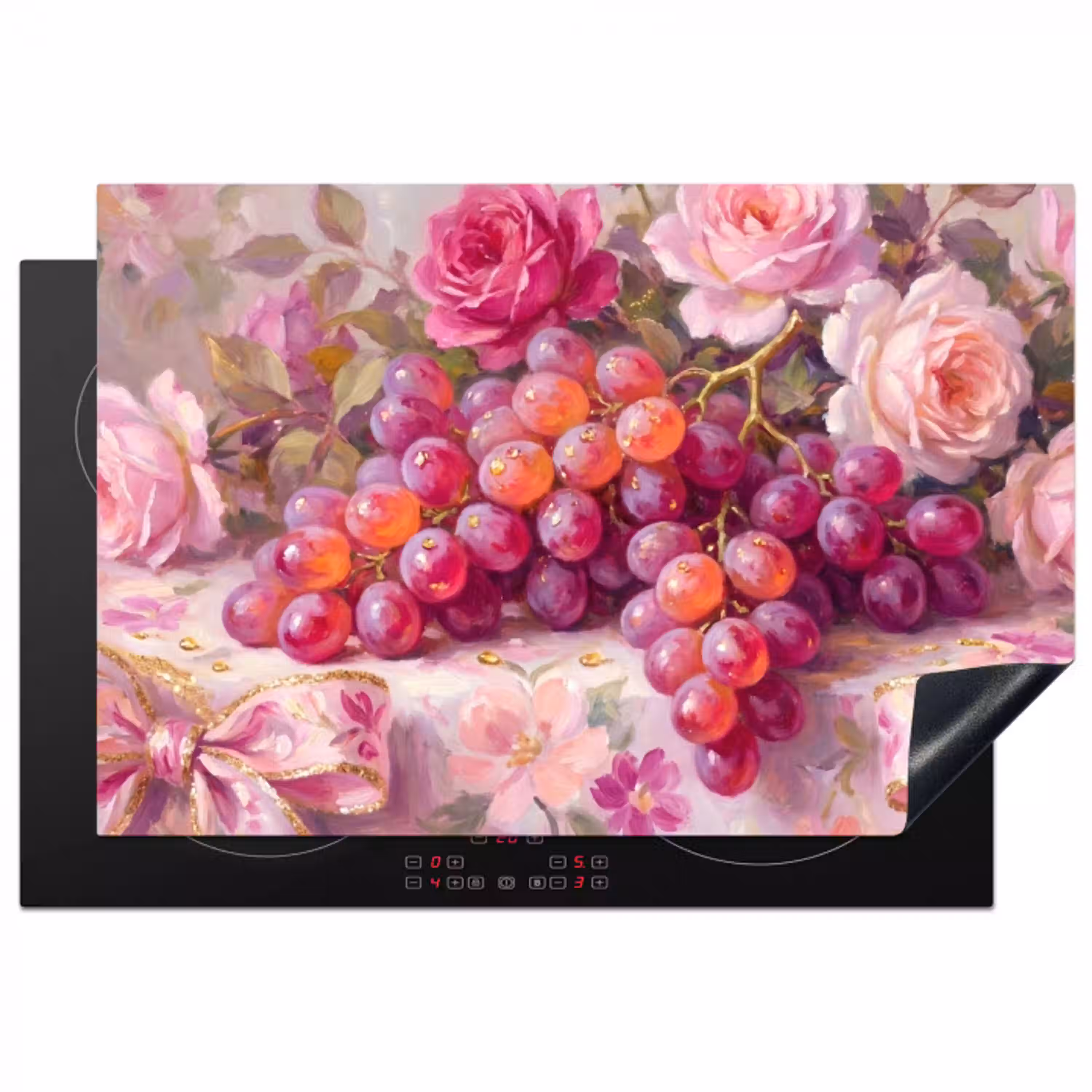 Eten - Bloemen - Stilleven - Roze - Goud Inductie beschermer vinyl 3mm klein -3d