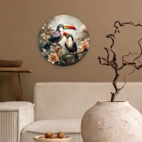 Toekan - Vogels - Bloemen - Jungle Wandcirkel kunststof plaat 5mm dik klein -sfeer1