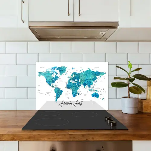 Wereldkaart - Blauw - Kleurrijk keuken achterwand spatscherm klein -sfeer2
