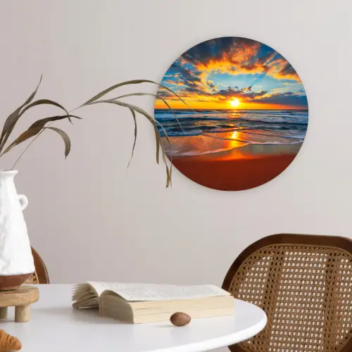 Zee - Zonsondergang - Strand - Wolken - Oranje Wandcirkel kunststof plaat 5mm dik klein -sfeer4