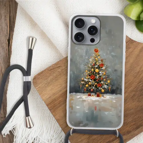 Kerstboom - Cadeaus - Rood - Goud Hoesje iPhone 16 Pro Max met koord klein -sfeer4