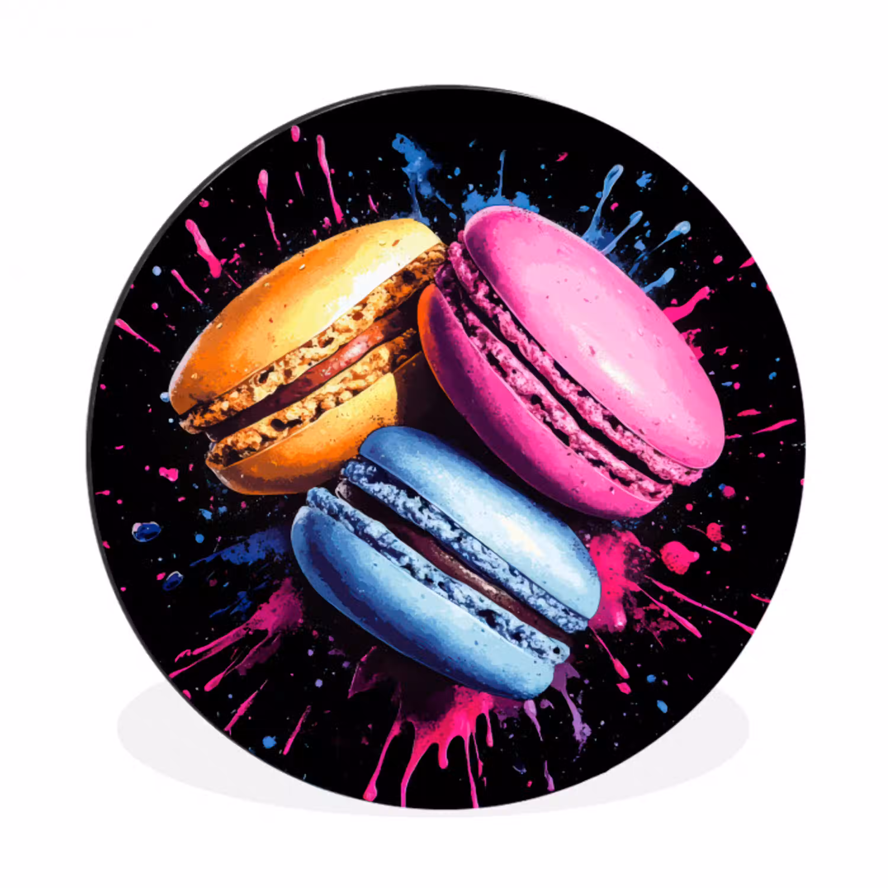 Macarons - Dessert - Graffiti - Kleurrijk - Roze - Blauw - Geel Wandcirkel aluminium klein -3d
