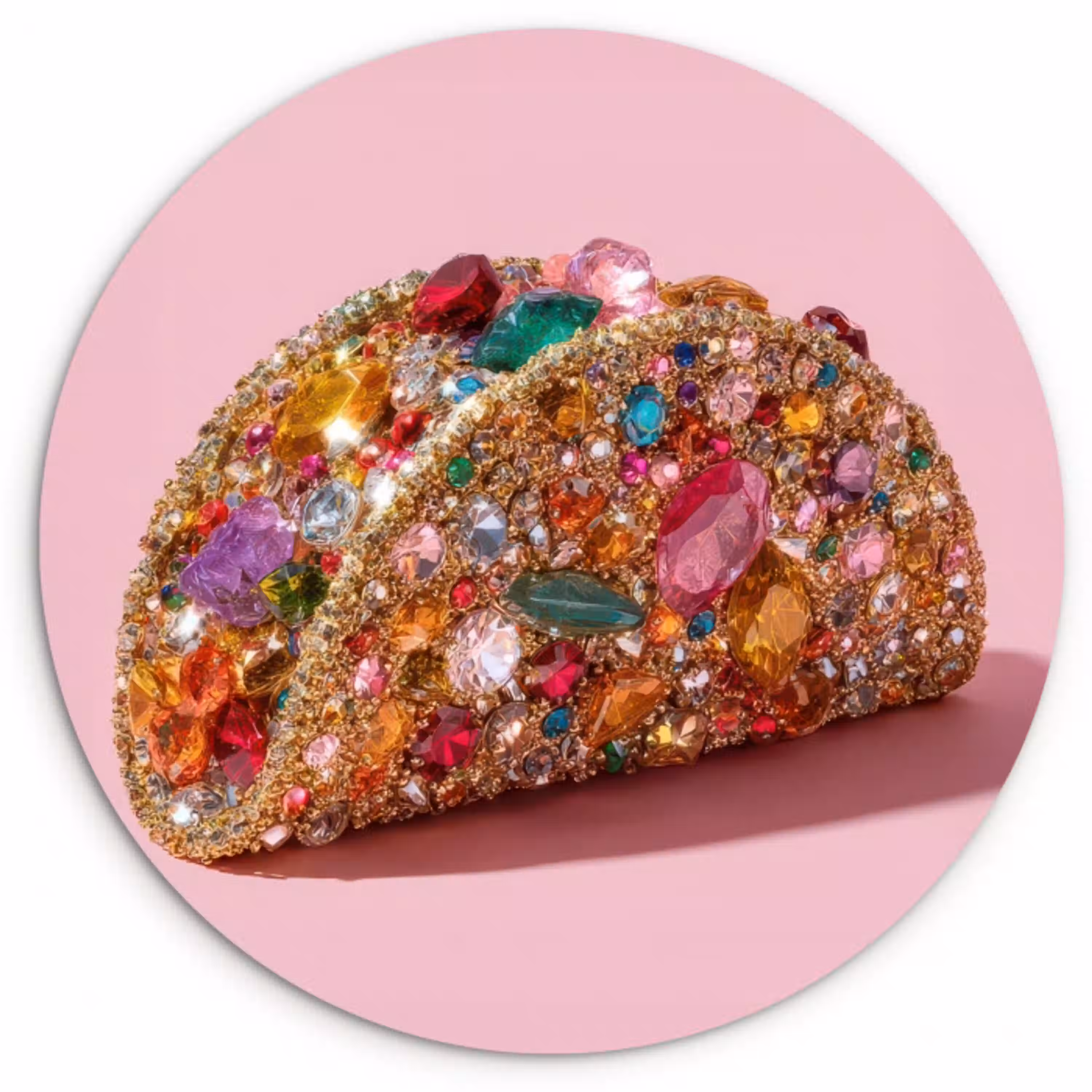 Taco - Kleurrijk - Edelstenen - Goud Wandcirkel kunststof plaat 5mm dik klein -3d