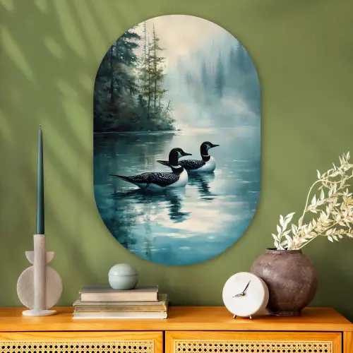 Bos - Water - Eenden - Mistig Wandcirkel Ovaal Glas middel -sfeer2