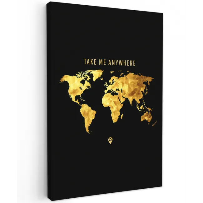 Goud - Wereldkaart - Quote Tuinposter op houten frame 2 cm dik middel -3d
