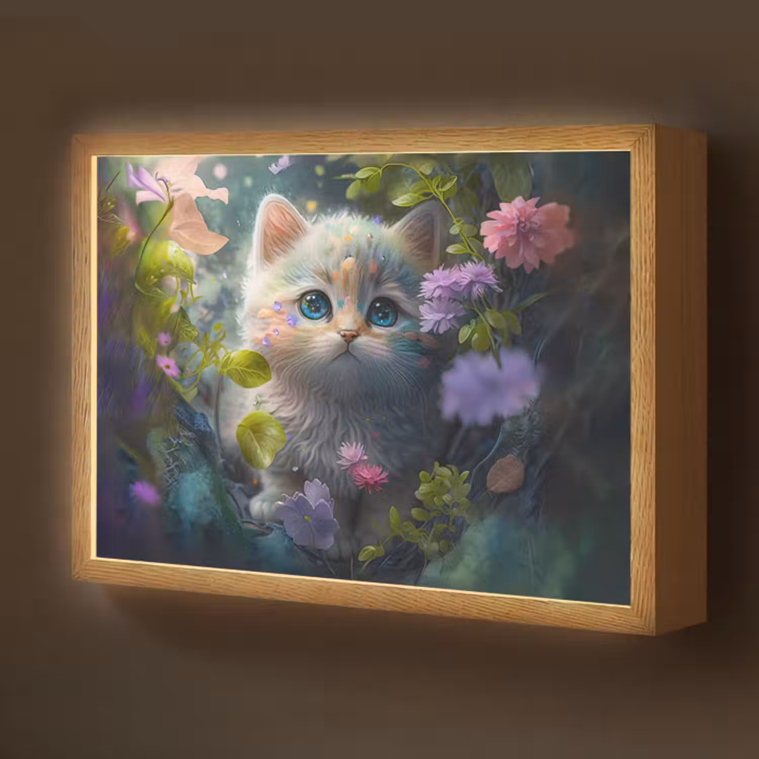 Lightbox - Wandlamp kinderkamer - Kitten - Bloemen - Bos - Illustratie - Poes