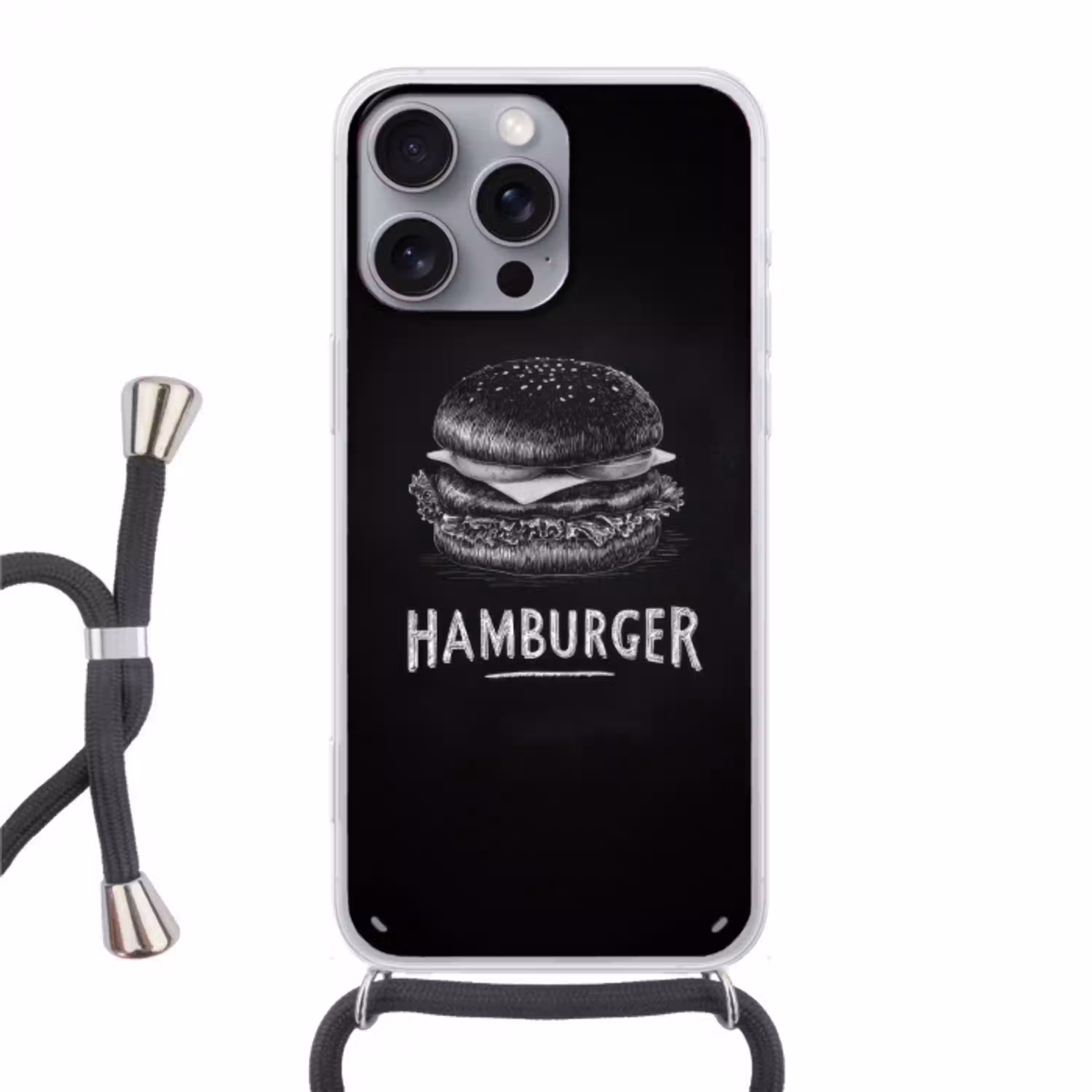 Hamburger - Krijttekst - Zwart - Wit Hoesje iPhone 16 Pro Max met koord klein -3d