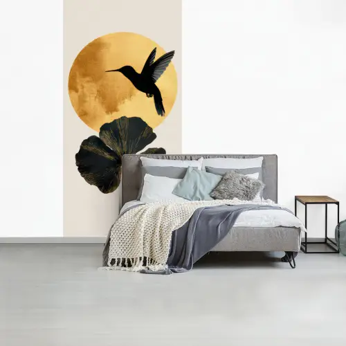 Zwarte kolibrie - Bloem - Gouden cirkel fotobehang vinyl groot -slaapkamer