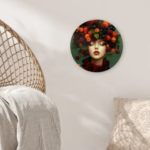 Vrouw - Aardbeien - Frambozen - Bramen - Bessen Wandcirkel kunststof plaat 5mm dik klein -sfeer5