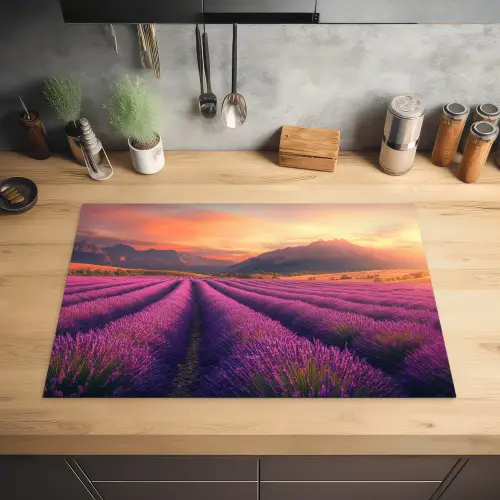 Lavendelveld - Zonsondergang - Paars Inductie beschermer vinyl 3mm klein -sfeer5