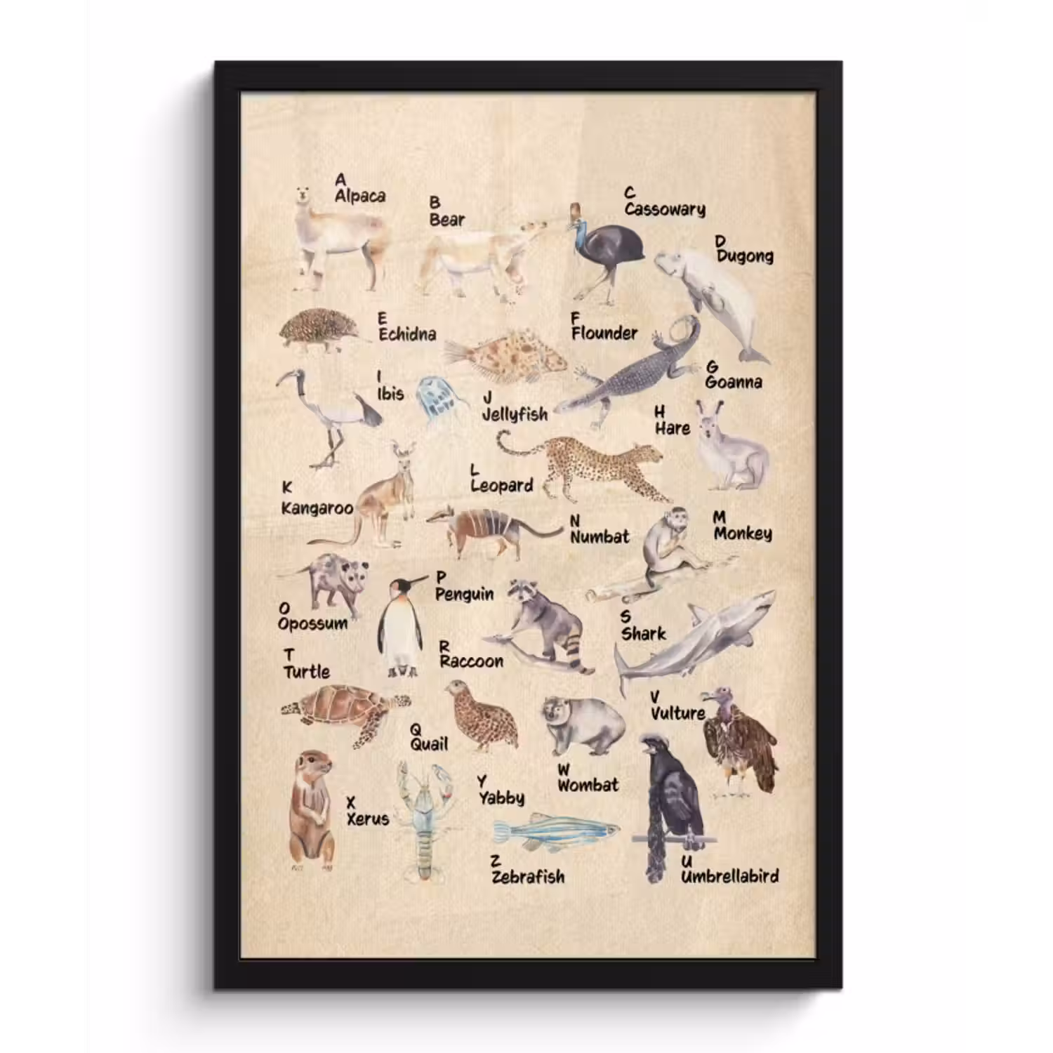 Poster met lijst - Alfabet - Dieren - Educatief - Retro - Bruin - Kind - Kinderen