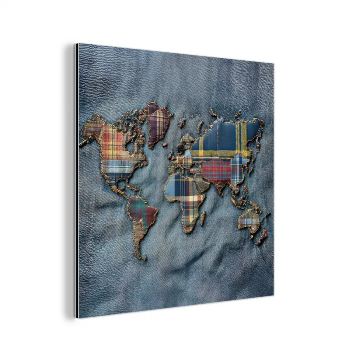 Wereldkaart - Denim - Textiel aluminium wit klein -3d
