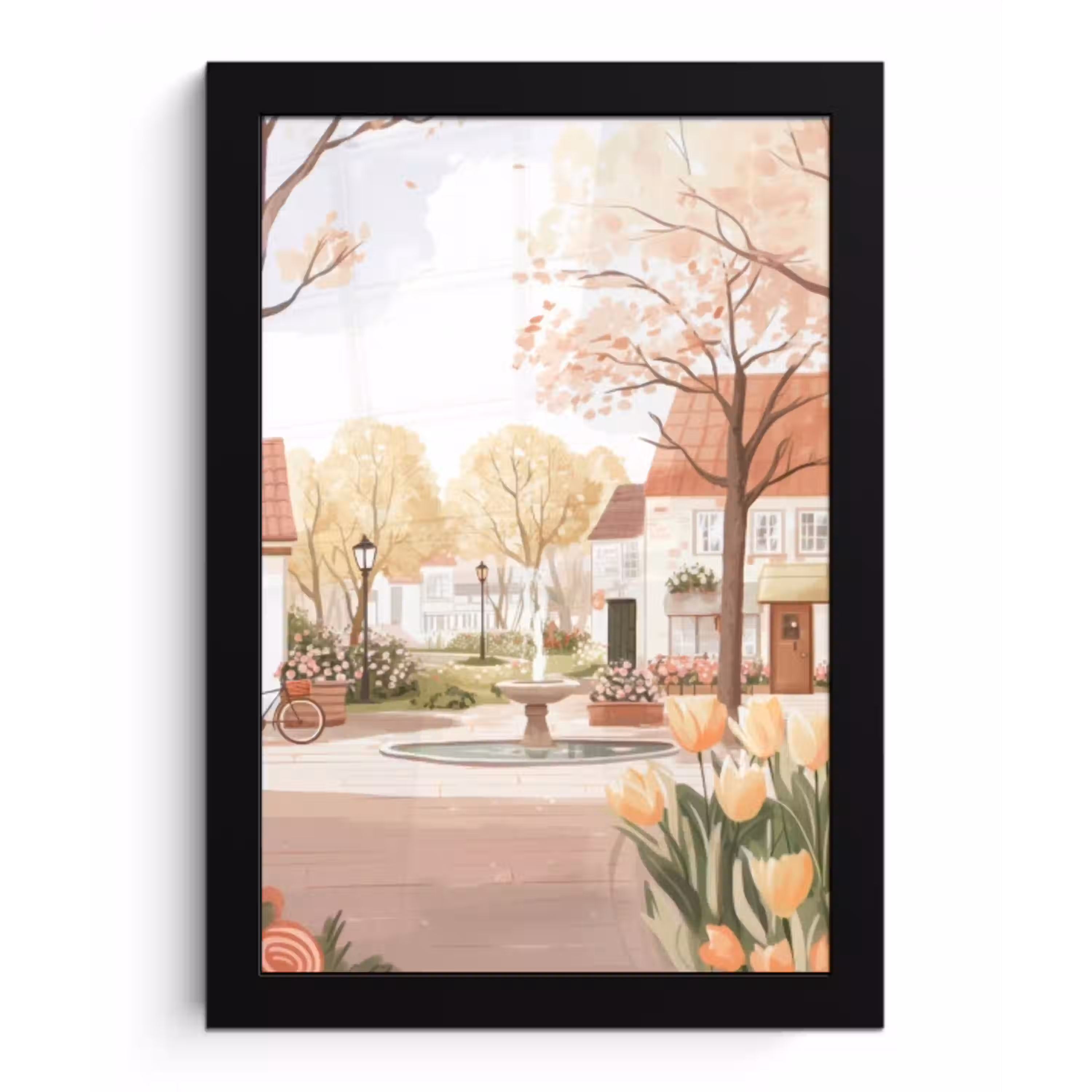 Dorpsplein - Fontein - Tulpen fotolijst zwart zonder passe partout klein -3d
