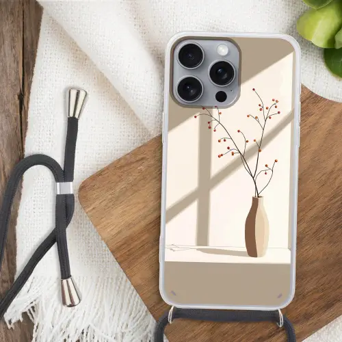 Vaas - Takken - Bessen - Minimalistisch Hoesje iPhone 16 Pro Max met koord klein -sfeer4