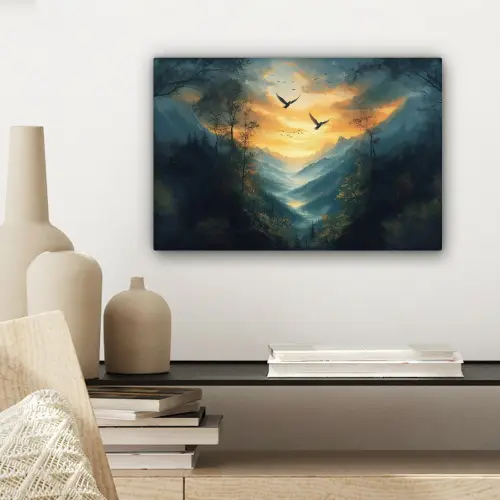 Vogels - Zon - Bomen - Groen canvas 2cm klein -sfeer6