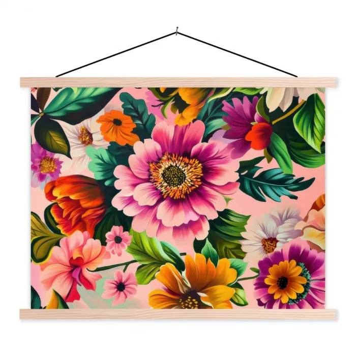 Bloemen - Kleurrijk - Roze textielposter latten blank klein -3d