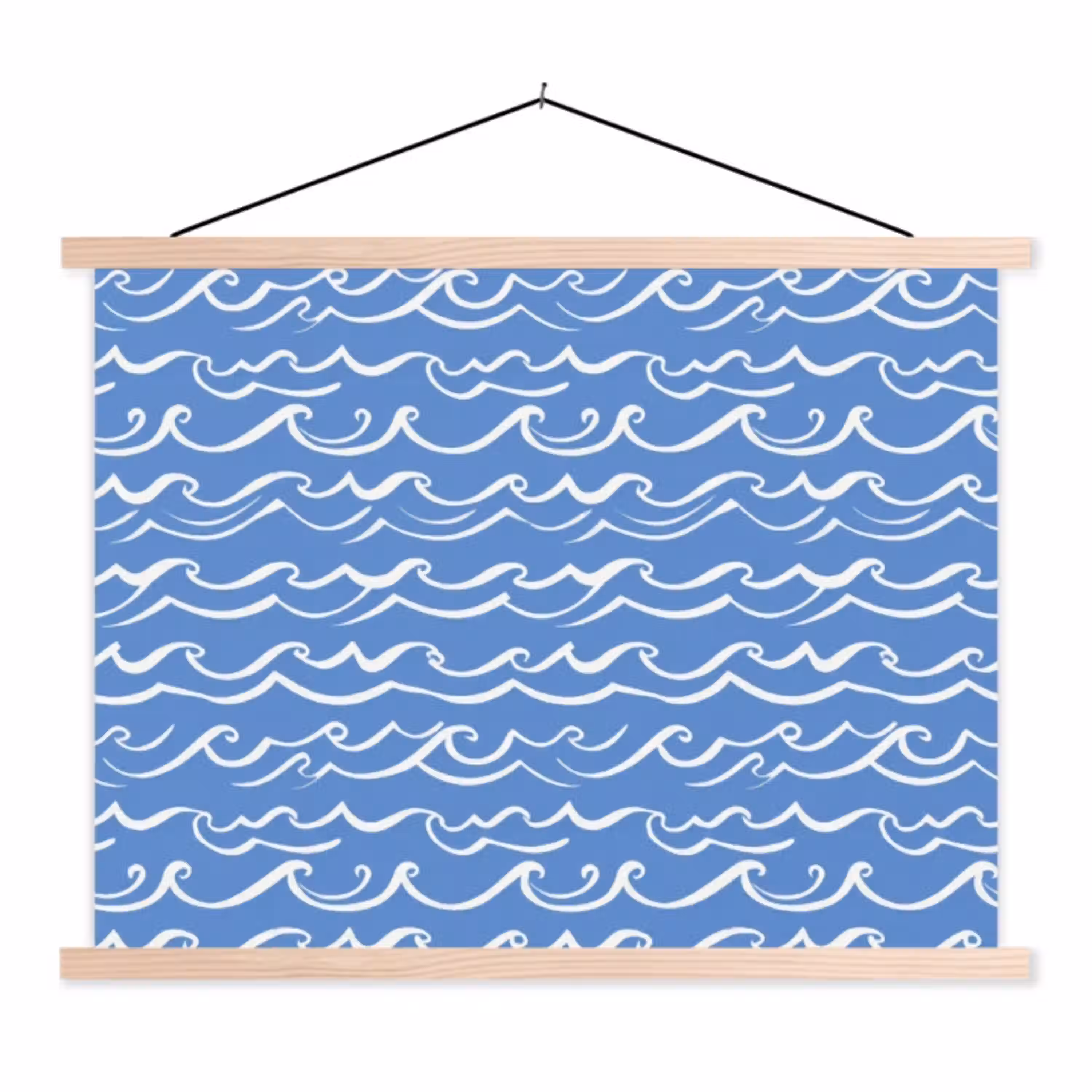 Blauw - Wit - Simpel - Getekend - Golven textielposter latten blank klein 122 -3d