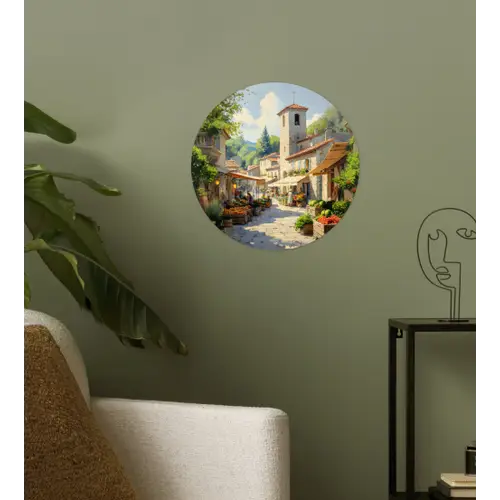 Dorp - Zon - Kraampjes - Huizen Wandcirkel behangsticker klein -sfeer2