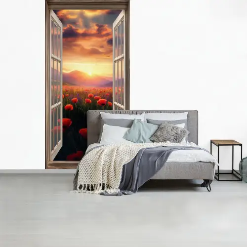 Doorkijk - Klaprozen - Bloemen - Rood - Open raam fotobehang vinyl groot -slaapkamer