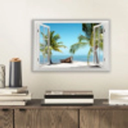 Doorkijk - Strand - Palmboom - Boot - Tropisch - Zee - Blauw aluminium wit klein -sfeer1