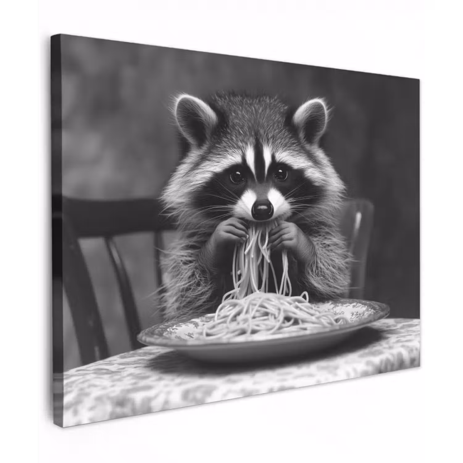 Leinwandbild - Waschbär - Niedlich - Pasta - Tischtuch - Schwarz - Weiß