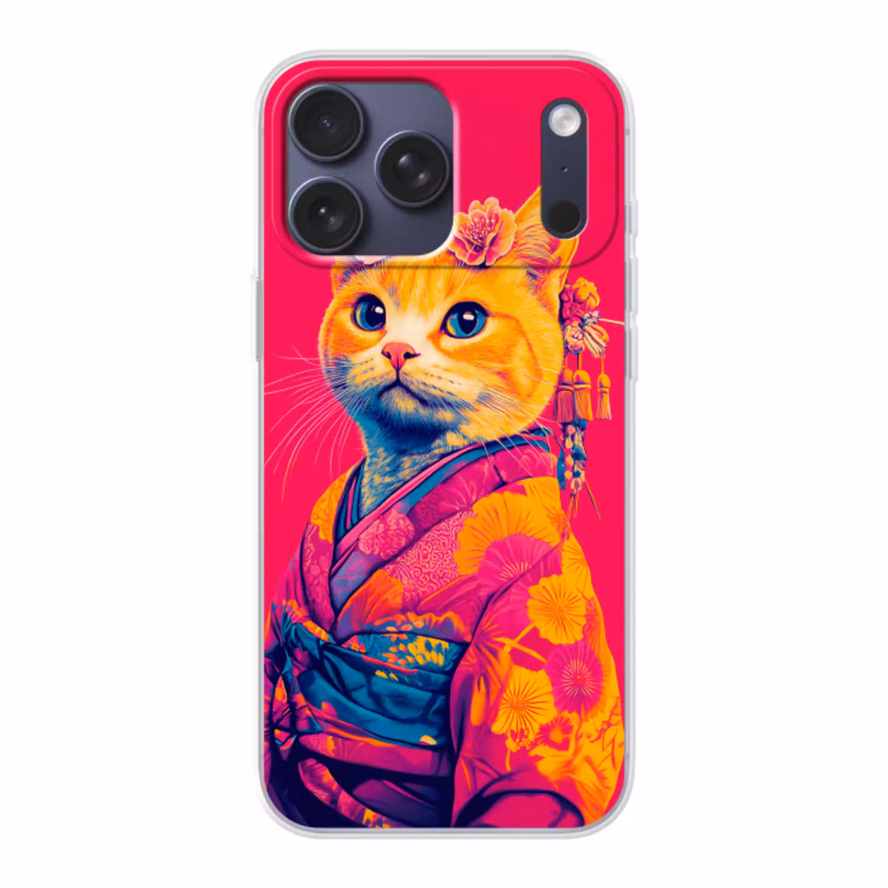 Kat - Kimono - Bloemen - Roze Telefoonhoesje iPhone 17 Pro Max klein -3d