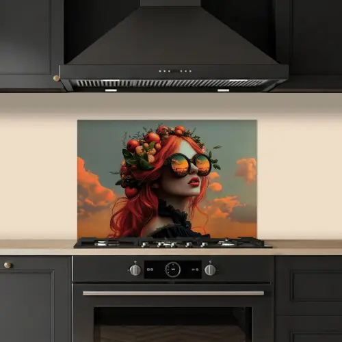 Vrouw - Kroon - Tomaat - Bascilicum - Zonnebril keuken achterwand spatscherm klein -sfeer1