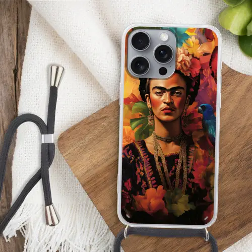 Vrouw - Bloemen - Papegaai - Schilderachtig Hoesje iPhone 16 Pro Max met koord klein -sfeer4