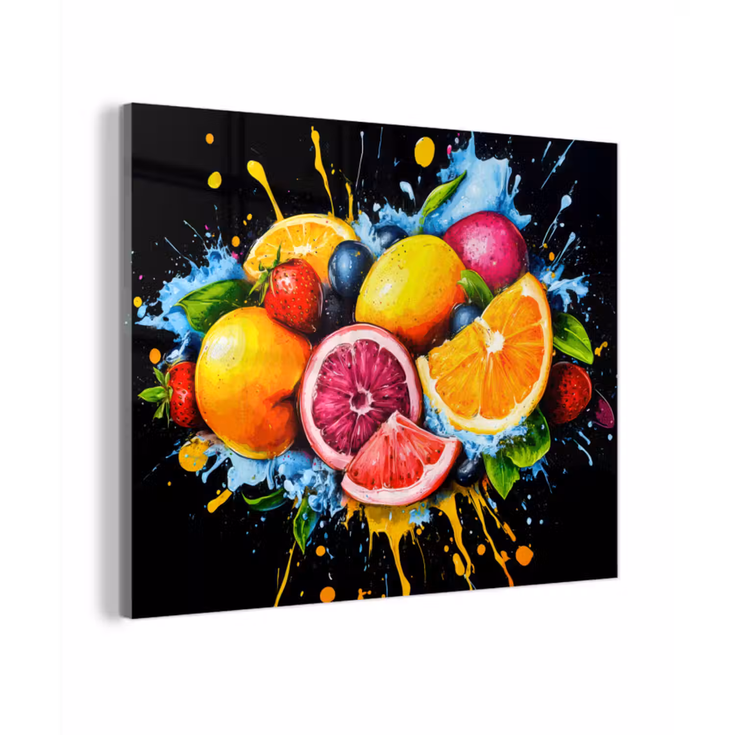 Glas schilderij - Fruit - Graffiti - Kleurrijk - Sinaasappel - Aardbei - Abstract