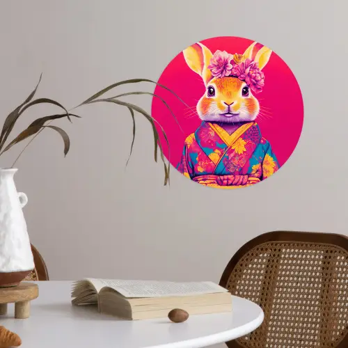 Konijn - Bloemen - Kleurrijk - Kimono Wandcirkel behangsticker klein -sfeer3